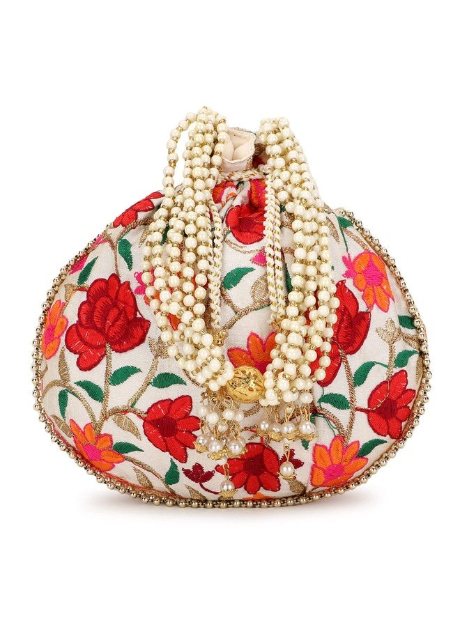 Anekaant Cream & Multi Floral Embroidered Faux Silk Potli - Image 1